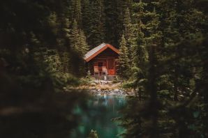 Домик в лесу у озера картинки