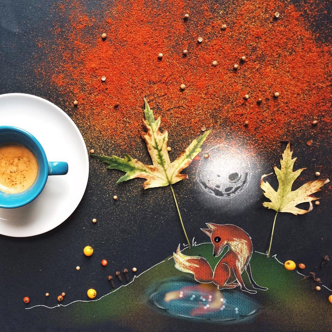 Картинки утро необычные. Итальянская художница Cinzia Bolognesi. Кофе сказочное осеннее утро. Доброе осеннее утро креативные. Креативно осенний кофе.