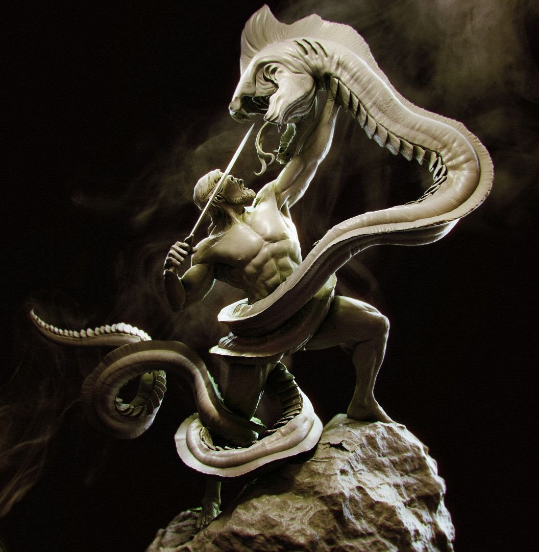 Рыцари змея геншин. Беовульф дракон. Геракл и гидра скульптура.