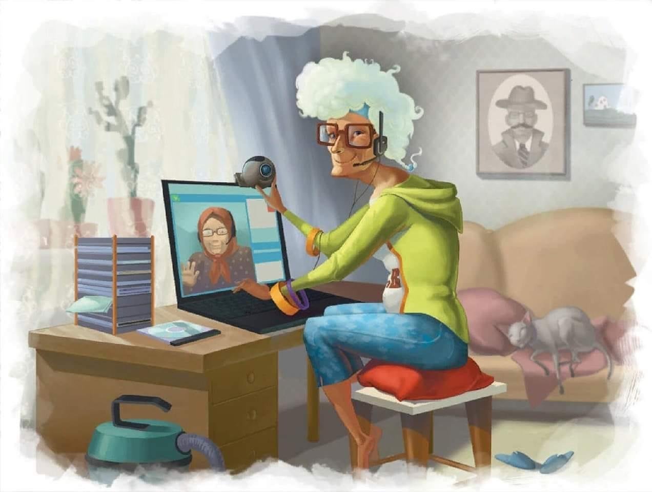 Утро пенсионера. Бабка за компьютером. Компьютерные иллюстрации. Бабуля за компом. Старушка за компьютером.