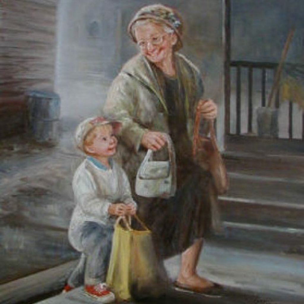 Увидел дрозд что идет старуха с внучкой. Художник Dianne Dengel бабушки и дедушки. Денгель счастливая семья.