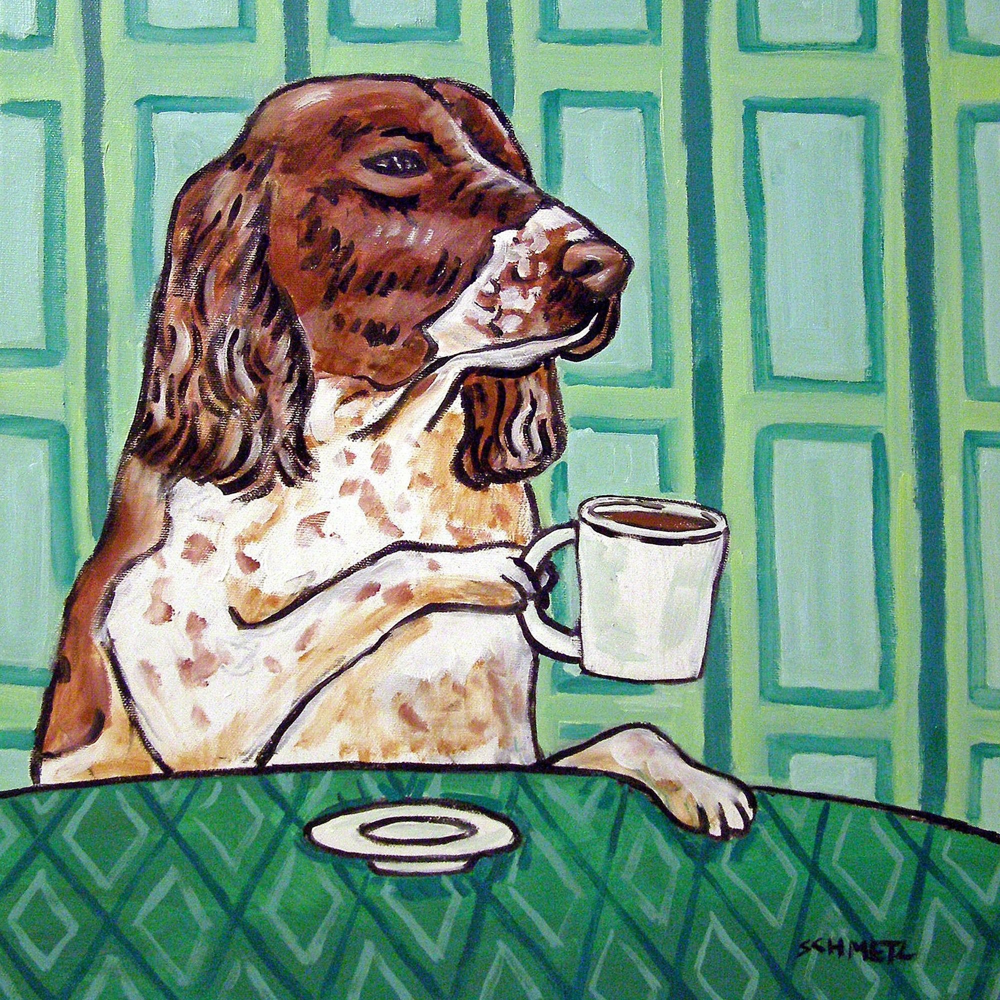 Картинка утро собака. Английский спрингер-спаниель арт. Доброе утро спаниель. Собачка с кофе. Кофейный спаниель.