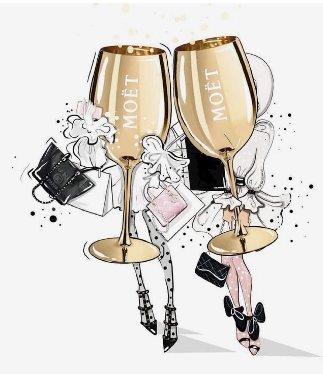 Шампанское подругам. Нарисованная девушка с бокалом. Модные иллюстрации девушек с бокалом. Модные бокалы для шампанского. Стильные рисунки с днем рождения.