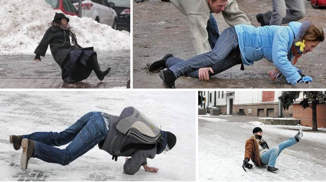 Гололед падает. Люди на гололеде. Человек поскользнулся. Поскользнулся на льду.