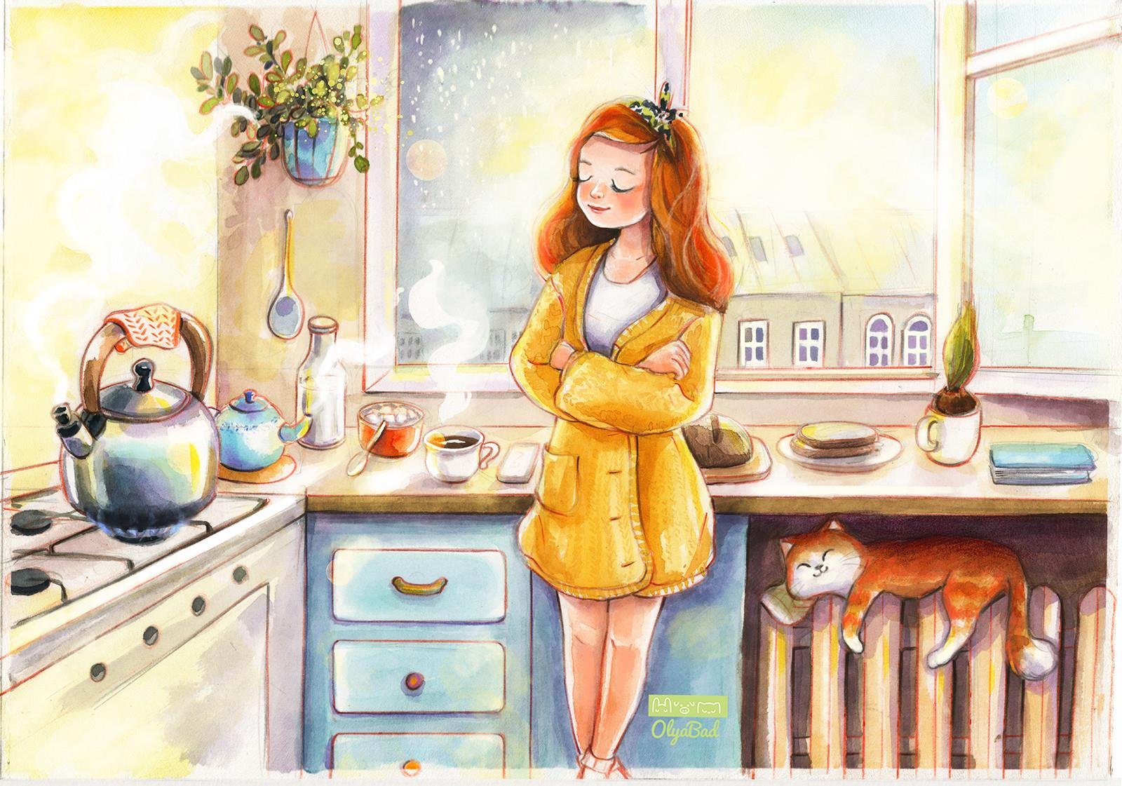 Ставь чайник мам я дома. Кухня иллюстрация. Уютные рисунки. Нарисовать картину на кухню. Душевные и уютные иллюстрации.