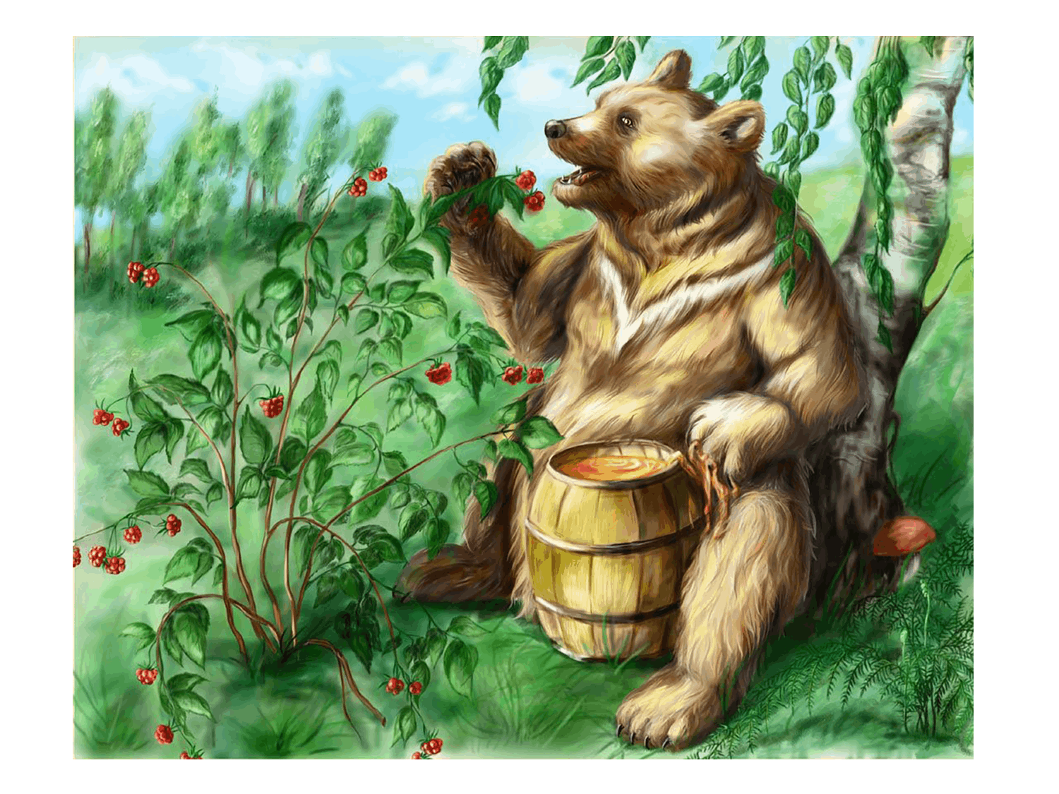 Медведя пчела мед. Медведь с медом. Медведь в малиннике. Медвежонок с бочонком меда. Медведь на пасеке.