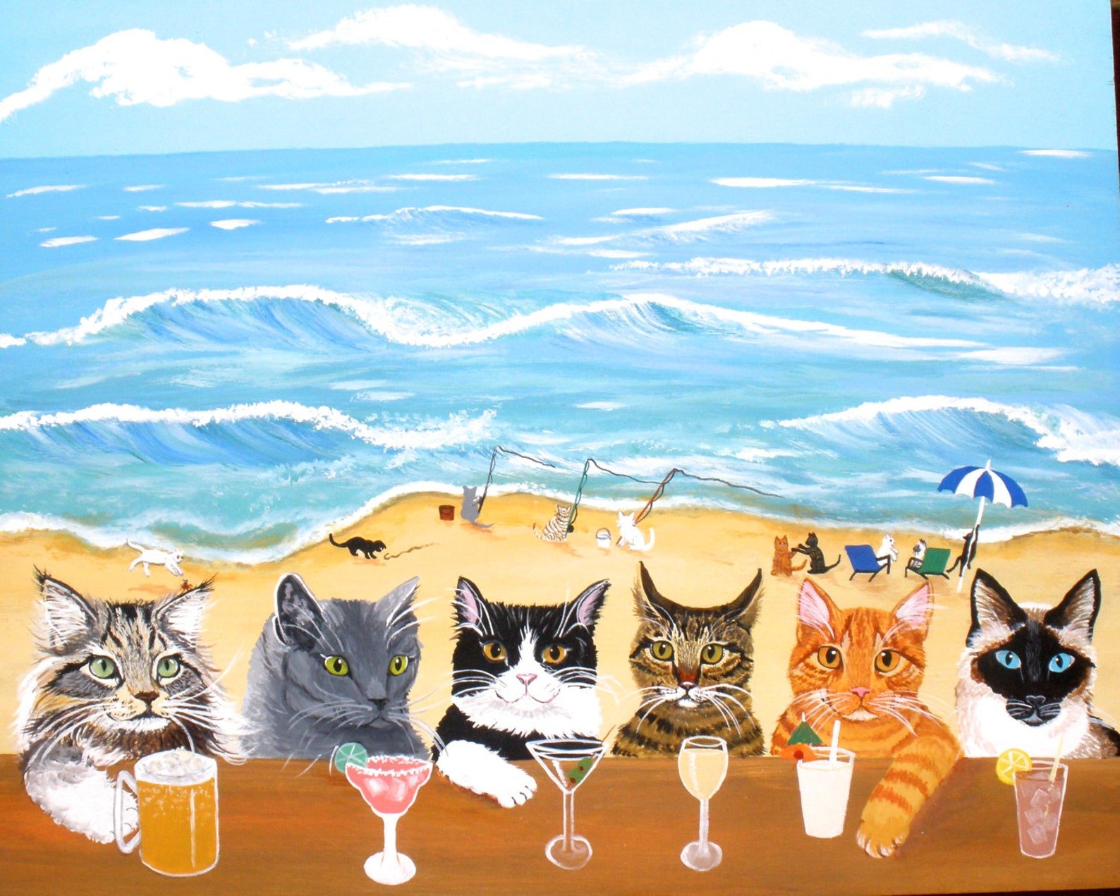 3 кота летние. Котик на море. Котик на пляже. Коты и море живописи. Летние коты.