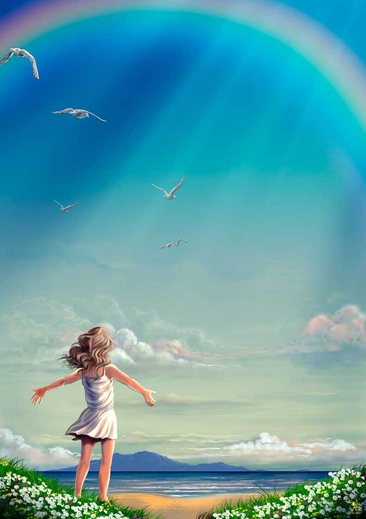 Мирная счастливая жизнь. Девочка с радугой. Радостное небо. Радость жизни.