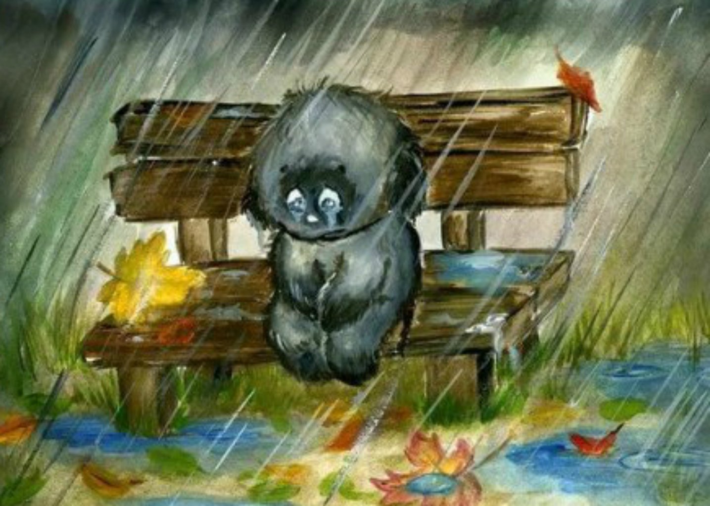 Открытки обида. Грустный дождик. Грустные картины. Дождь рисунок. Ежик под дождем на скамейке.
