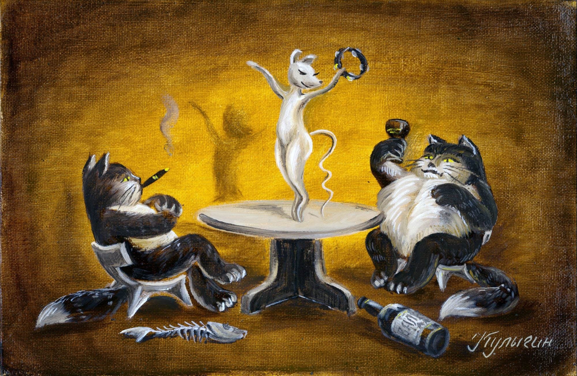 Собаки пьют чай. Кот картина. Прикольные кошки в живописи.