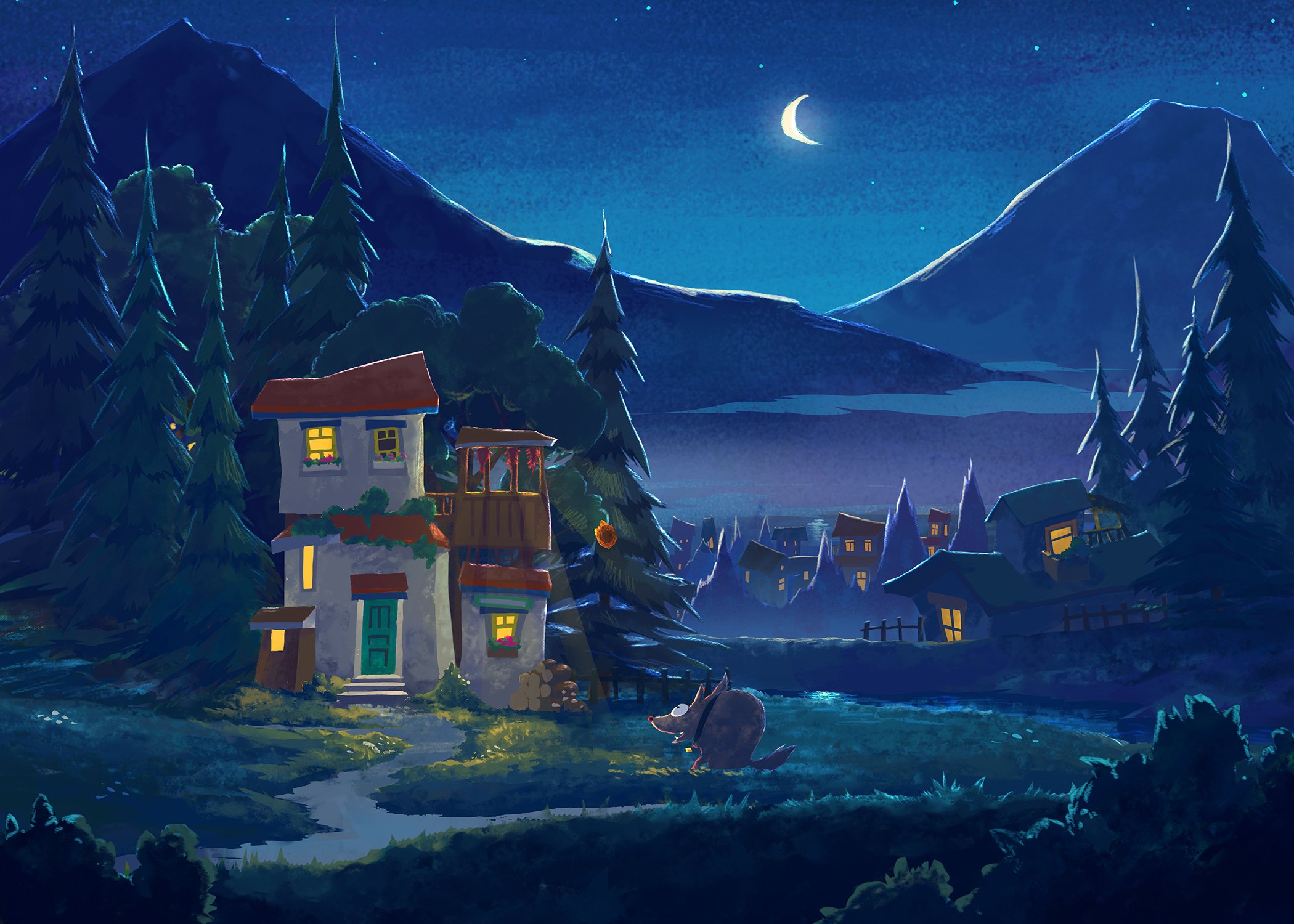 Дом на луне картинки. Сказочные домики ночью. Сказочный домик в горах. Сказочный ночной пейзаж. Ночной пейзаж с домиком.