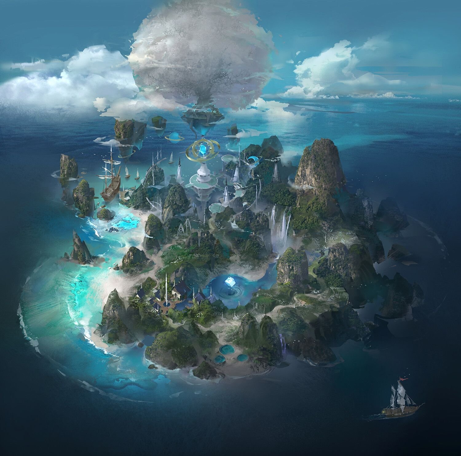 Animeverse island. Остров фэнтези. Мистический остров. Остров арт. Море фэнтези.