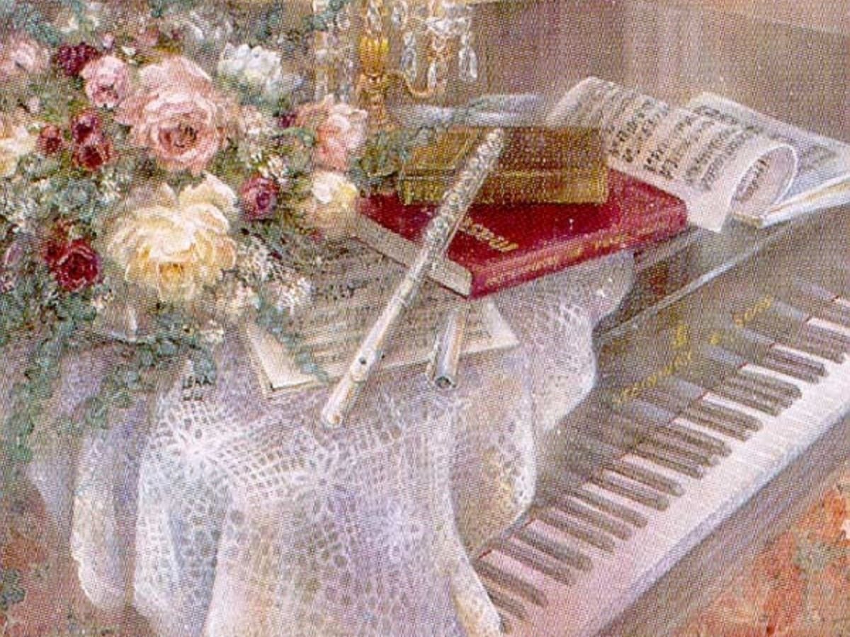 Флейта в цветах. Художественные открытки. Картина музыкальные. Музыкальная живопись. Цветы на пианино.