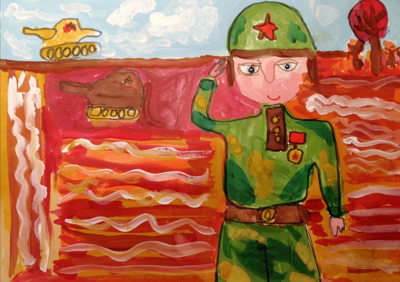Рисунок сидящего солдата у дерева детский рисунок