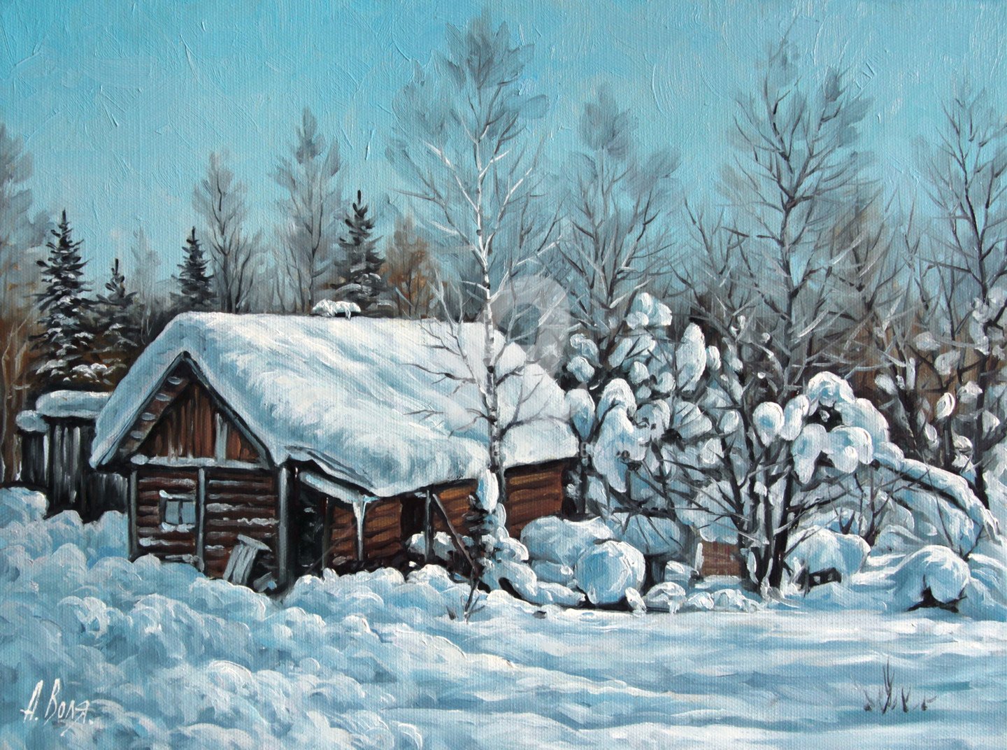 Зимний пейзаж с деревенским домиком