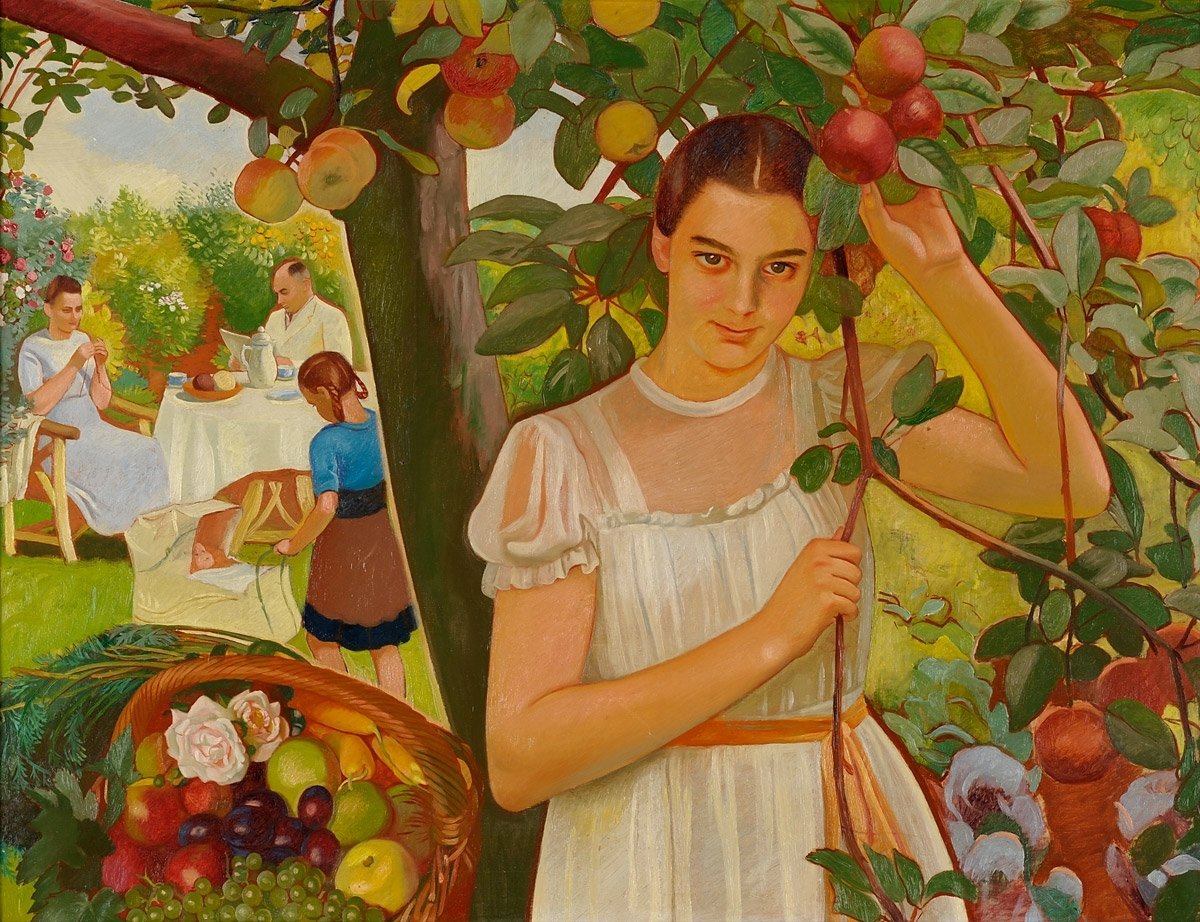 Мать урожая. Кустодиев Яблоневый сад картина. Кустодиев яблочный спас.