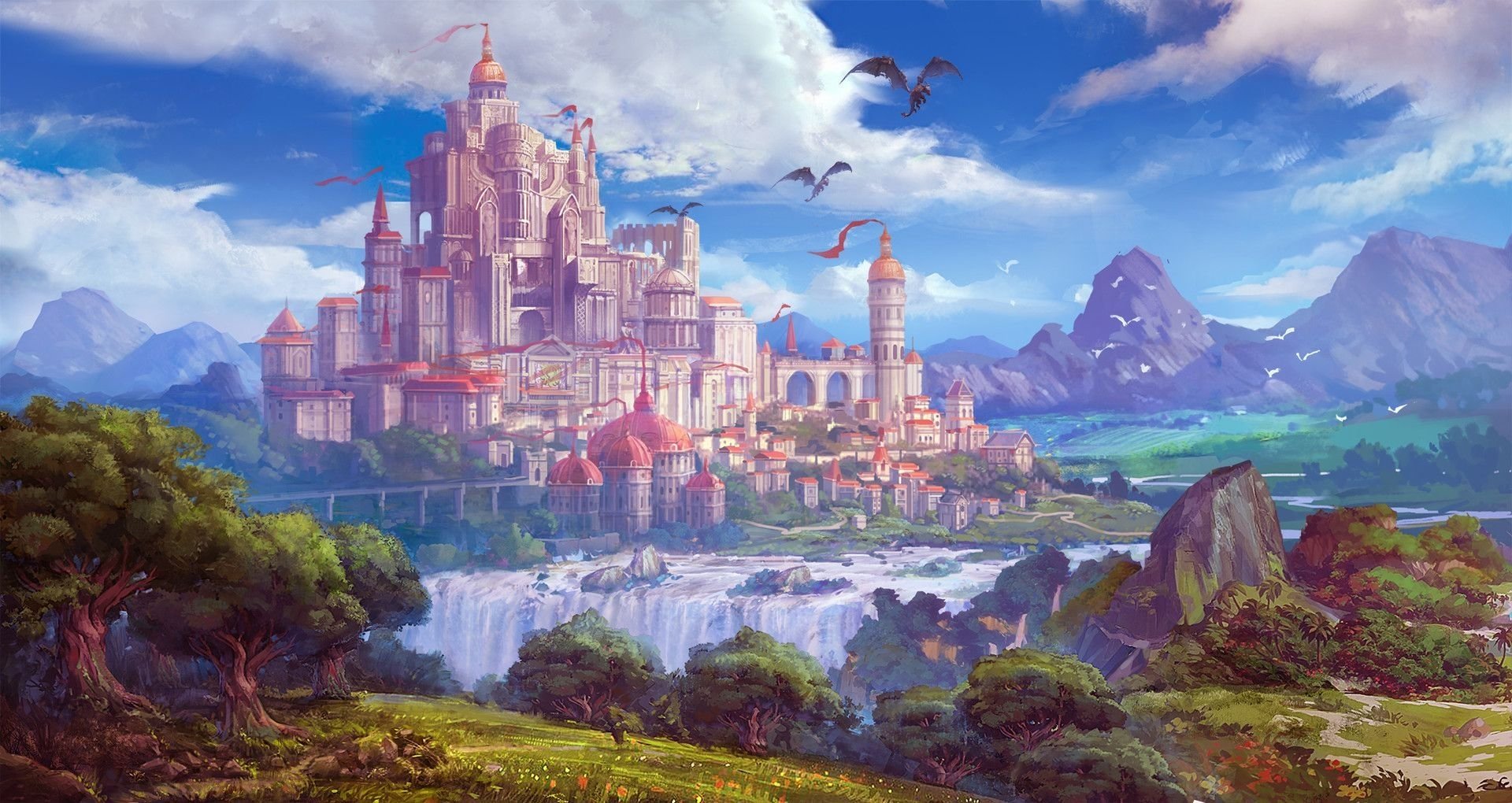 Королевство. Королевство Азерот арт дворец. Королевство аниме. Фэнтези королевство. Сказочный пейзаж с замком.