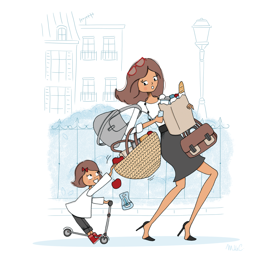 Стильные иллюстрации. Смешные иллюстрации. Женщина с ребенком и сумкой. Мама и ребенок иллюстрация. Мама и дочка комикс