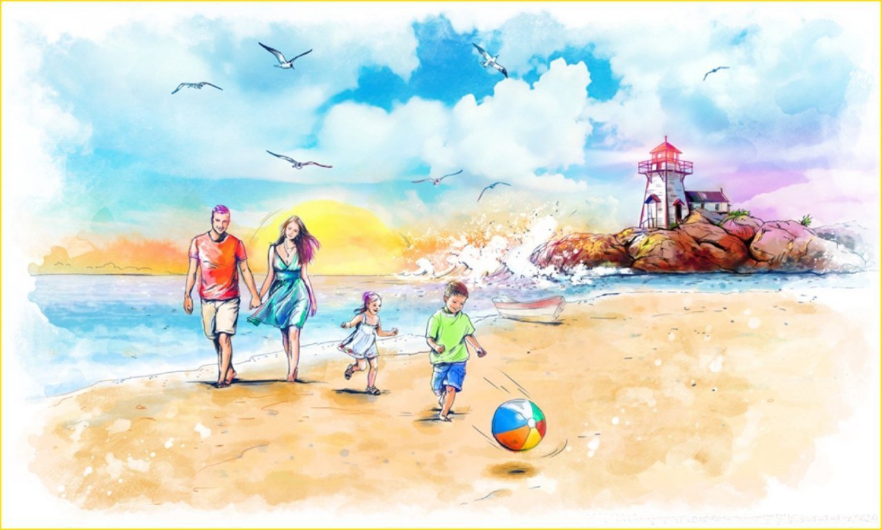 Володя вместе с семьей отправился в путешествие. Рисунок на тему лето. Ричюсунок лето. Пляж иллюстрация. Море рисунок.
