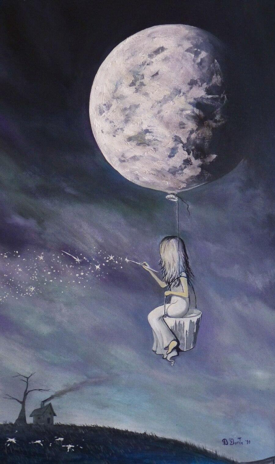 На луну на воздушном шаре. Adrian Borda Луна картины. Девочка на Луне. Девушка-Луна. Лунная девушка.