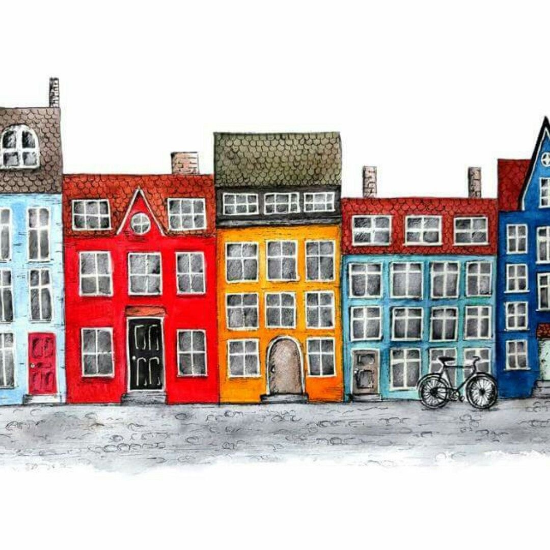 Дома в ряд рисунок. Цветные домики. Нарисовать домик. Сказочные голландские домики. Европейские домики иллюстрации.