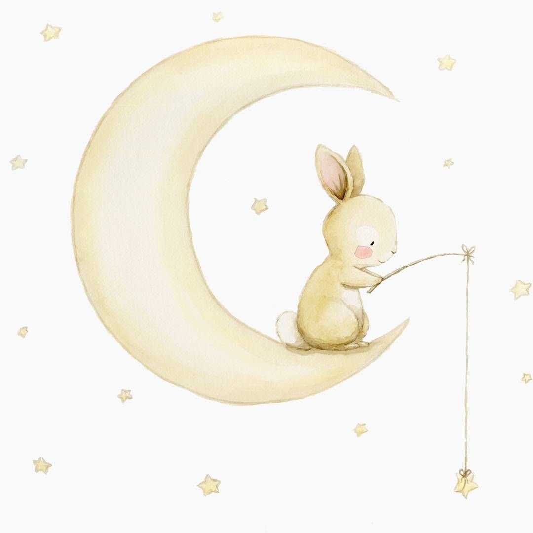 Молодой нежный месяц. Зайчик на месяце. Месяц иллюстрация. Зайчик на Луне. Милые детские иллюстрации.