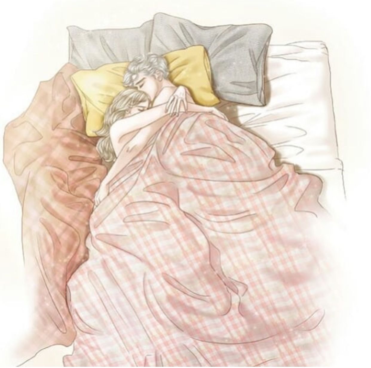 Пошли спать вместе. Обнимает одеяло. Одеяло нарисованное. Под одеялом иллюстрация. Парочка под одеялом арт.