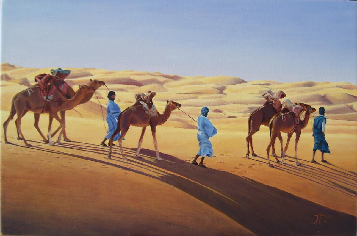 Ответы караван. Пустыня Караван акварель. Караван в пустыне живопись. Караван в пустыне арт. Торговый Караван верблюдов.