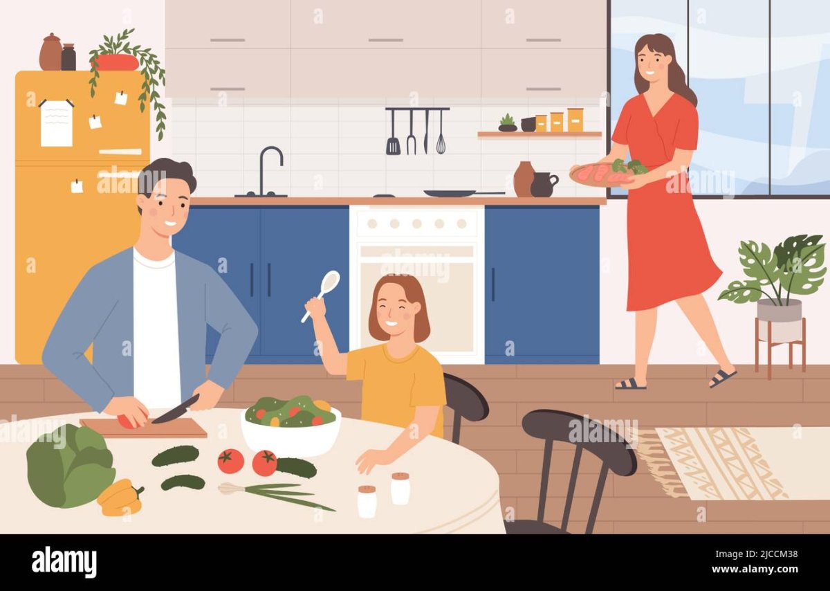 Счастливая семья на кухне. На кухне всей семьей рисунок. Папа на кухне cartoon. Семья готовит на кухне рисунок.