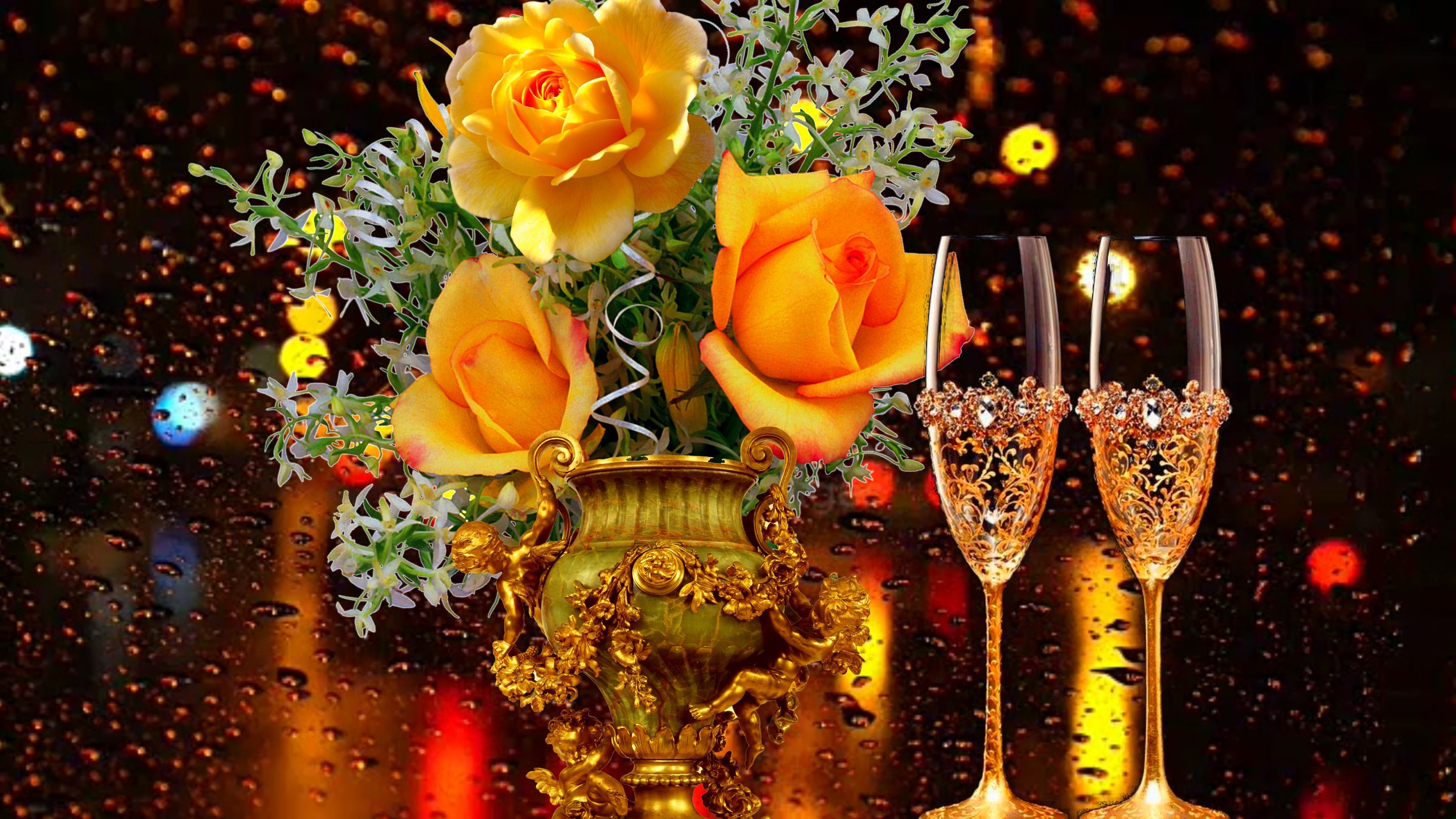 Добрый праздничный вечер картинки. Красивые бокалы. Шампанское и розы. Красивые цветы в бокале. Добрый вечер с шампанским.